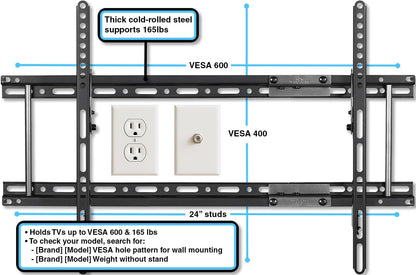 Cheetah Ultra Slim Tilt TV Mount for 32-86 Inch TVs, Supports 165Lbs, Includes 10Ft HDMI Cable, Fits 16-24" Studs, Adjustable 15° Tilt, Max VESA 600x400mm