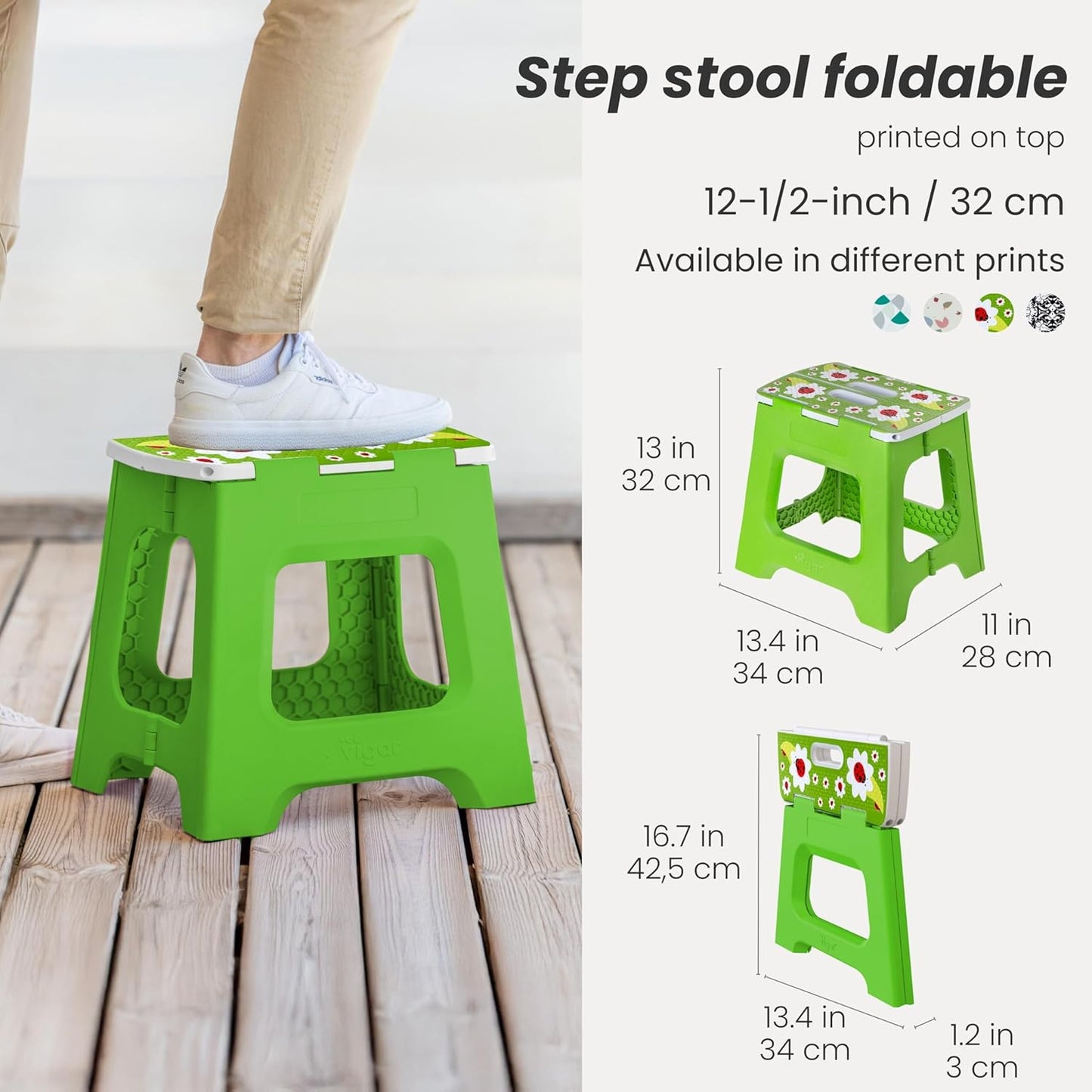 Vigar Compact Foldable Step Stool - Lightweight, Non-Slip Design for Adults up to 330 lbs - Cute Ladybug Top!