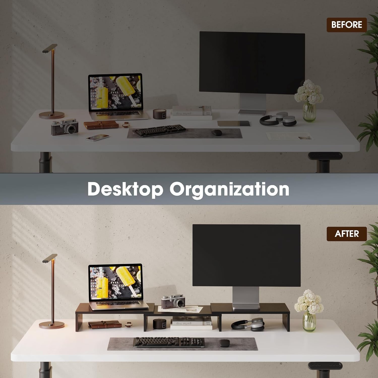 FITUEYES Dual Monitor Stand - Adjustable 3-Shelf Wood Riser for Optimal Desk Organization, Stylish Black Design