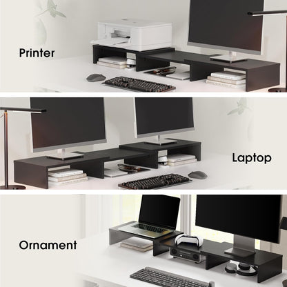 FITUEYES Dual Monitor Stand - Adjustable 3-Shelf Wood Riser for Optimal Desk Organization, Stylish Black Design