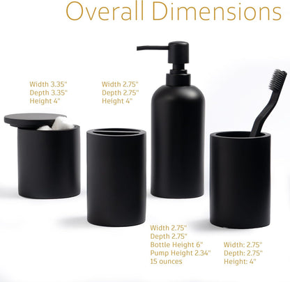 Sleek Matte Black 4-Piece Bathroom Accessory Set - Toothbrush Holder, Soap Dispenser, Tumbler & Cotton Swab Jar for Stylish Vanity Organization