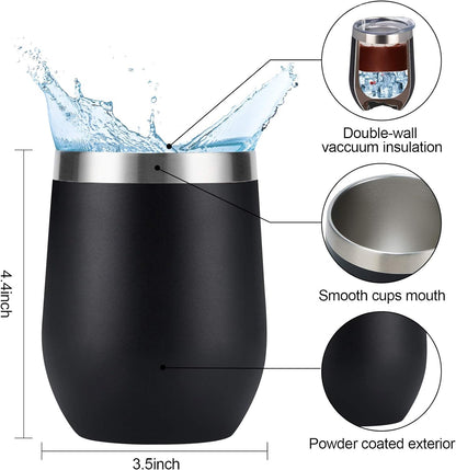 Set of 8 Insulated 12Oz Stainless Steel Wine Tumblers - Double Wall Stemless Cups with Lids for Wine, Coffee, Cocktails & Champagne - Sleek Black Design