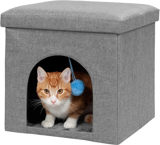 Furhaven Pet House for Indoor Cats & Small Dogs, Collapsible & Foldable W/ Plush Ball Toy - Living Room Footstool Cat Condo - Stormy Gray, Small