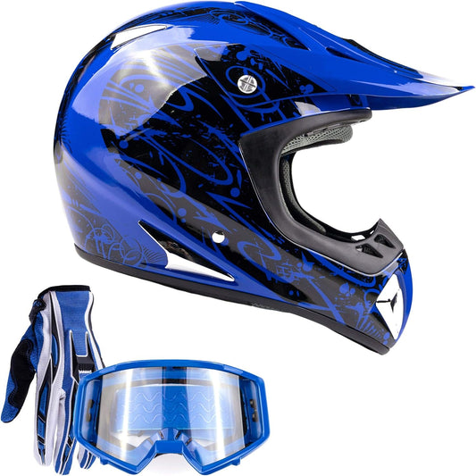 Typhoon Helmets Typhoon ATV Motorcycle Helmet with Goggles & Gloves - DOT Certified Off-Road Racing Protection Gear Set for Adults/Teens - Durable MX Combo Pack