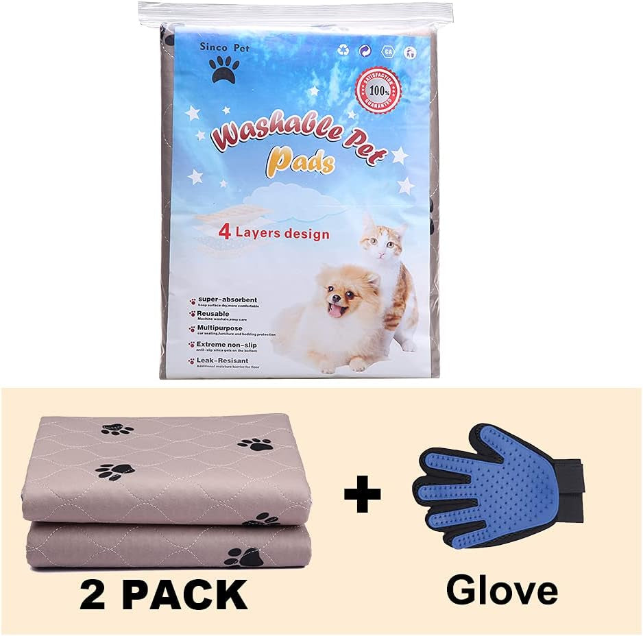 Sincopet Washable Dog Pee Pads with Puppy Grooming Gloves,Puppy Pads,Reusable Pet Training Pads,Large ,Waterproof Pet Pads for Dog Bed Mat,Super Absorbing Whelping Pads,41X41 Inch (Pack of 2)