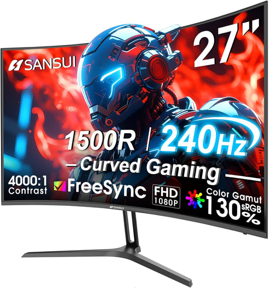 SANSUI 27" Curved 240Hz Gaming Monitor - FHD 1080P, 1500R Curve, 130% sRGB, HDR, Freesync, 1ms MPRT, Low Blue Light, HDMI/DP Ports, Metal Stand Included
