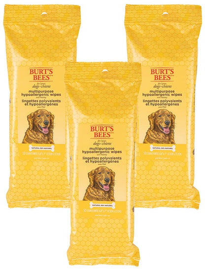 Burt'S Bees for Pets Multipurpose Dog Wipes with Honey, 98% Natural Origin Formulas, Hypoallergenic Dogs Wipe, Canine Cleaning Sheets for Paws and Butt, 3 Pk, 50Ct