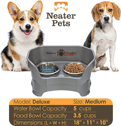 Neater Pet Brands Neater Feeder Deluxe Mess Proof Dog Bowls Elevated for Medium Dogs 19-40 Lbs, Made in USA, No Spill Raised Dog Food Bowl Stand Feeding Station, Food and Water Bowl Set, Grey