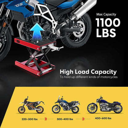 VIVOHOME Motorcycle Lift Scissor Jack Steel Wide Deck Hoist Crank Center Stand 1100 LBS Capacity for Motorcycles, Atvs, Dirt Bikes Red