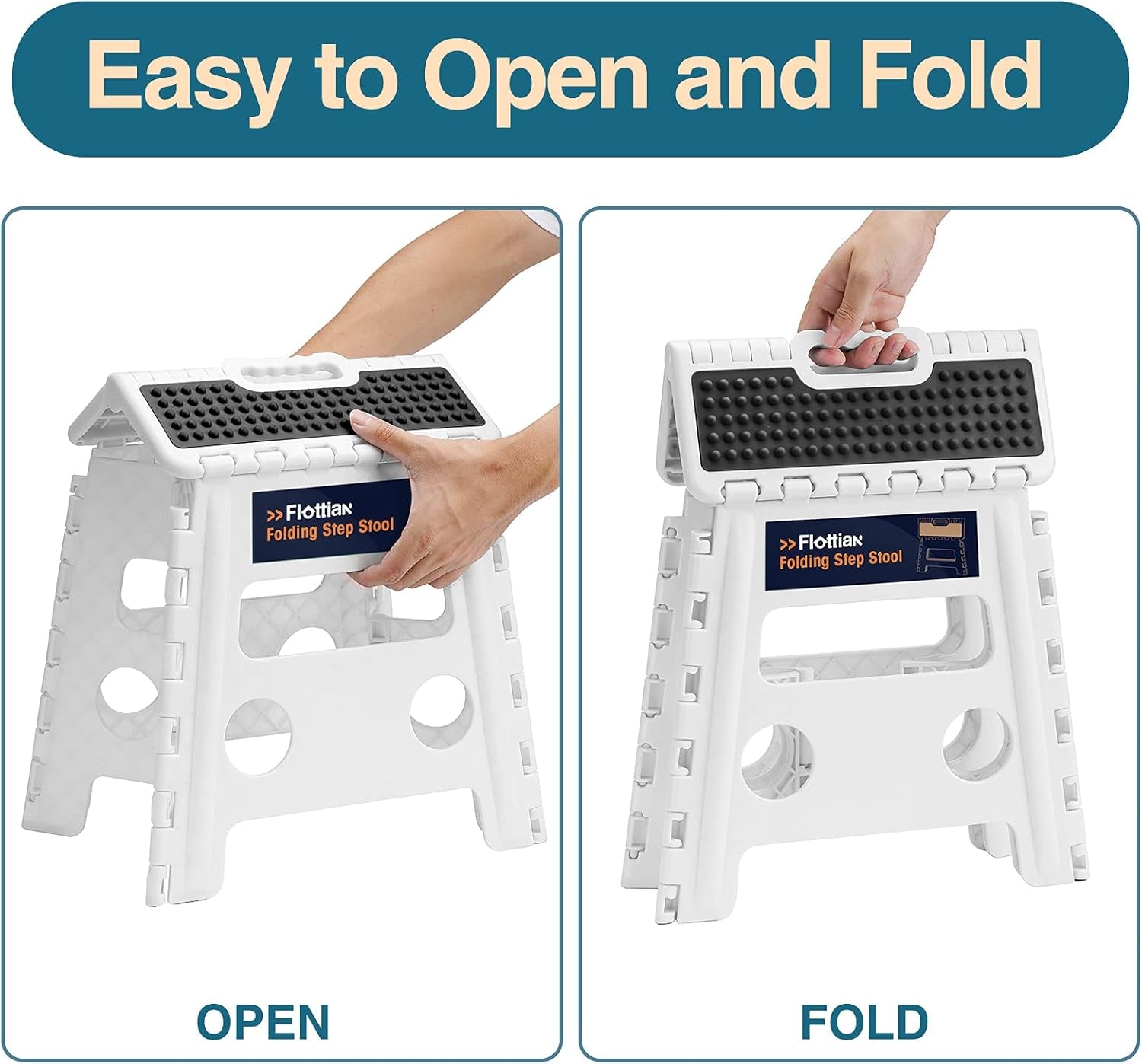Flottian 13" Folding Step Stool - Heavy-Duty Non-Slip Stool for Adults & Kids, Compact & Portable Design for Home Use, Supports Up to 300 Lbs, Ideal for Bathroom, Bedroom & Kitchen - White
