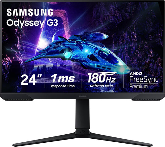 Samsung Odyssey G3 24" FHD Gaming Monitor - 1ms Response, 180Hz Refresh Rate, AMD FreeSync, Adjustable Stand, Eye Saver Mode, Flicker-Free