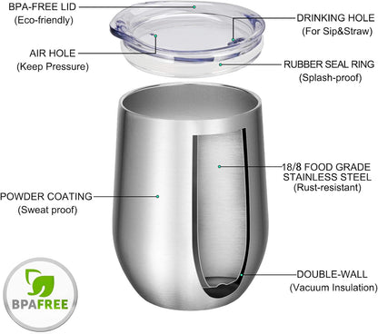 VEGOND 12-Pack Stainless Steel Wine Tumblers - 12oz Double Wall Insulated Cups with Lids & Straws for Hot & Cold Drinks