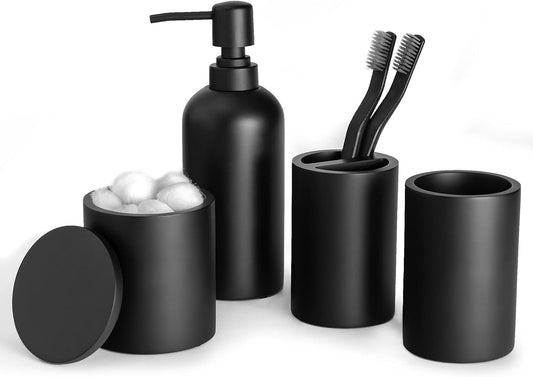 Sleek Matte Black 4-Piece Bathroom Accessory Set - Toothbrush Holder, Soap Dispenser, Tumbler & Cotton Swab Jar for Stylish Vanity Organization
