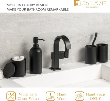 Sleek Matte Black 4-Piece Bathroom Accessory Set - Toothbrush Holder, Soap Dispenser, Tumbler & Cotton Swab Jar for Stylish Vanity Organization