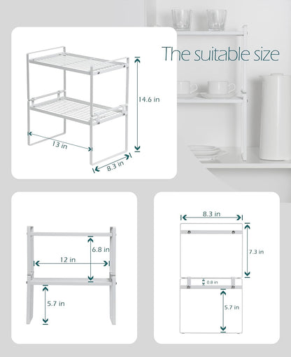 2-Pack Stackable Steel Frame Shelf Organizer - Space-Saving Storage Solution for Kitchen, Bathroom, Office & More - Rust Resistant & Non-Slip White Design