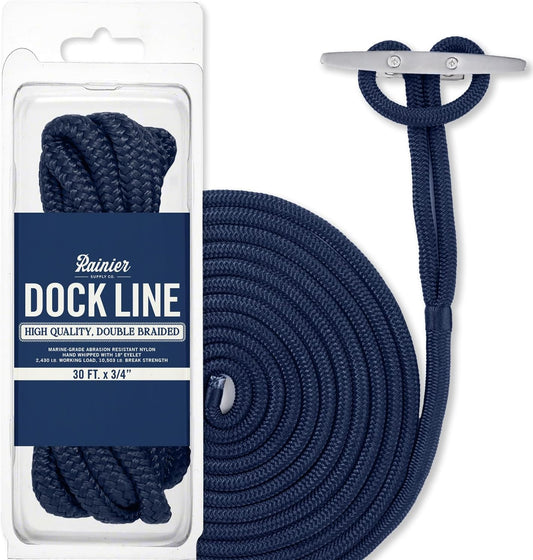 Rainiersupplyco Dock Lines - Boat Rope for Docking with Loop - 30 Ft X 3/4 Inch Premium Double Braided Nylon Marine Rope - Mooring Line with 18" Eyelet - Boat Accessories - Navy Blue