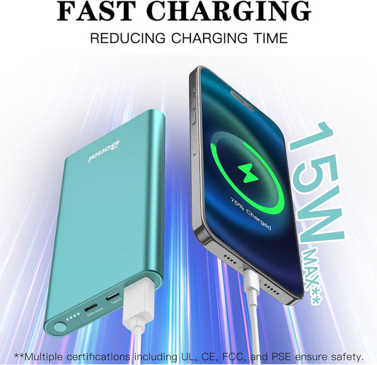 BONAI 12,000mAh Fast Charging Portable Power Bank - Dual Input/Output USB-C for iPhone 17/16/15/14/13/12, Galaxy, Android, iPad & More - Mint Color