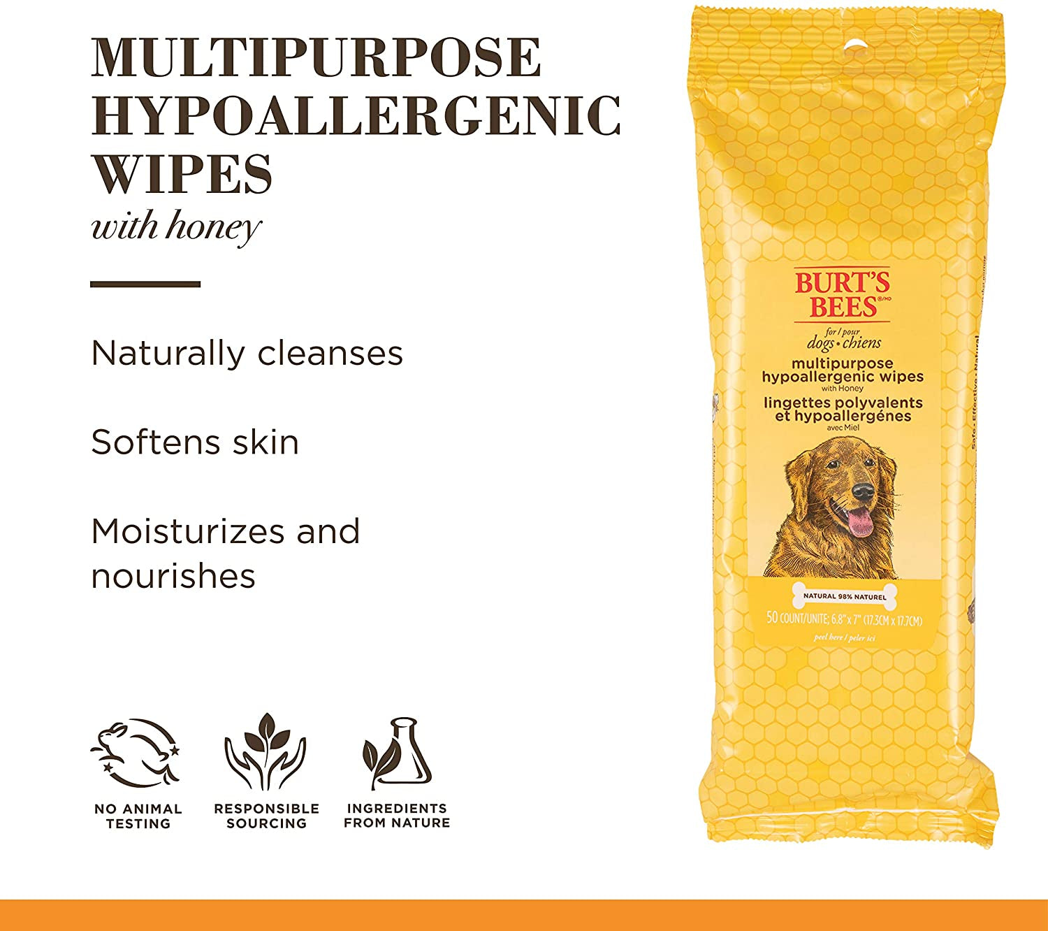 Burt'S Bees for Pets Multipurpose Dog Wipes with Honey, 98% Natural Origin Formulas, Hypoallergenic Dogs Wipe, Canine Cleaning Sheets for Paws and Butt, 3 Pk, 50Ct