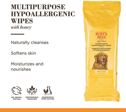 Burt'S Bees for Pets Multipurpose Dog Wipes with Honey, 98% Natural Origin Formulas, Hypoallergenic Dogs Wipe, Canine Cleaning Sheets for Paws and Butt, 3 Pk, 50Ct
