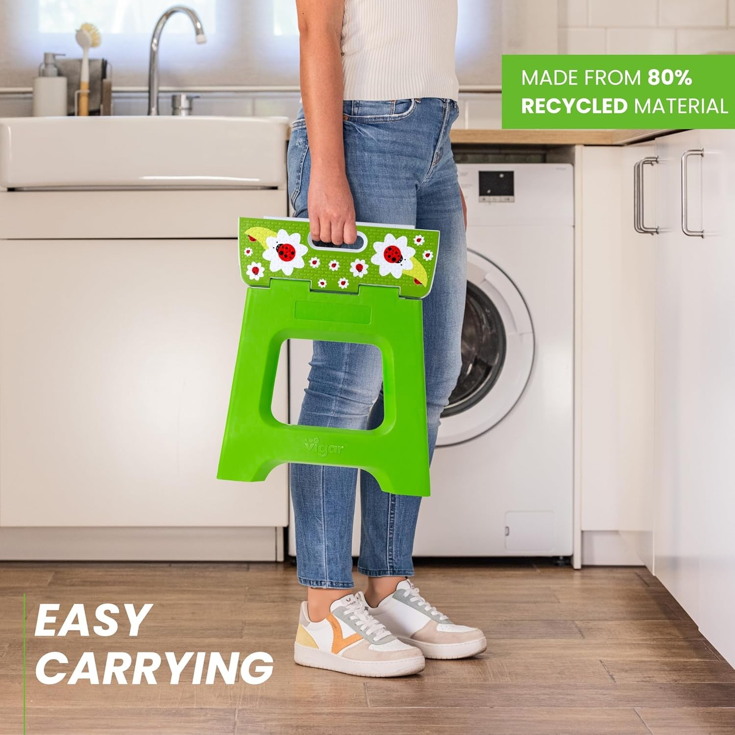 Vigar Compact Foldable Step Stool - Lightweight, Non-Slip Design for Adults up to 330 lbs - Cute Ladybug Top!