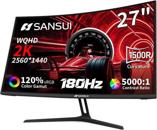 SANSUI 27" Curved WQHD Gaming Monitor - 180Hz, 1ms, FreeSync, HDR, DP & HDMI Ports Included