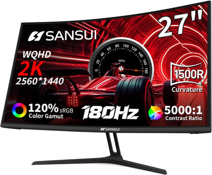 SANSUI 27" Curved WQHD Gaming Monitor - 180Hz, 1ms, FreeSync, HDR, DP & HDMI Ports Included