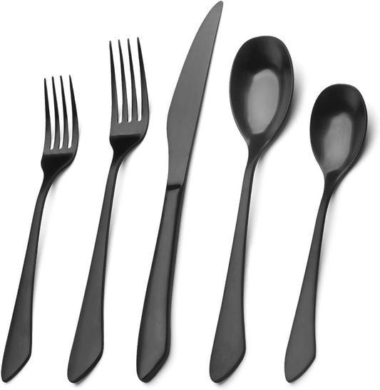Sleek Matte Black 20-Piece Stainless Steel Flatware Set for 4 – Elegant Satin Finish Cutlery, Dishwasher Safe for Home & Restaurant Use