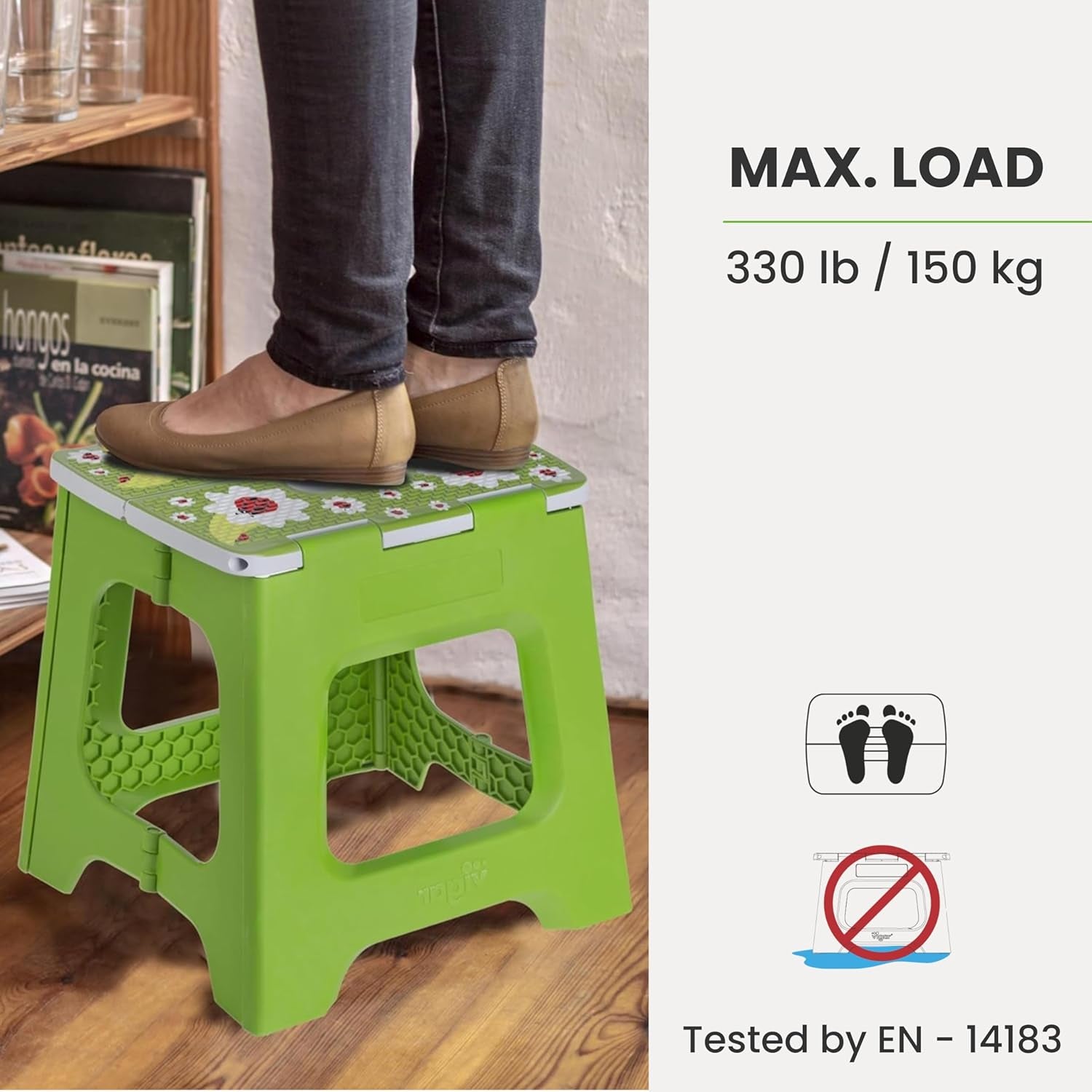Vigar Compact Foldable Step Stool - Lightweight, Non-Slip Design for Adults up to 330 lbs - Cute Ladybug Top!