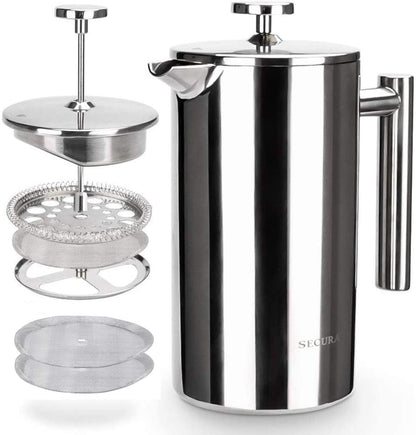 Secura 34Oz French Press Coffee Maker - Premium 304 Stainless Steel Insulated Coffee Press with 2 Extra Screens - Sleek Silver Design