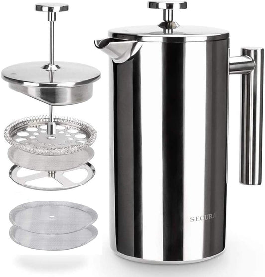 Secura 34Oz French Press Coffee Maker - Premium 304 Stainless Steel Insulated Coffee Press with 2 Extra Screens - Sleek Silver Design