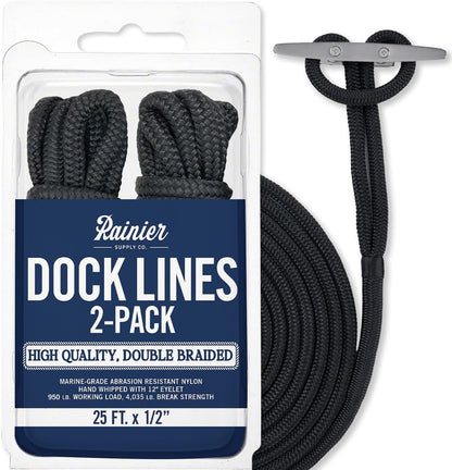 Rainiersupplyco Dock Lines - Boat Rope for Docking with Loop - 30 Ft X 3/4 Inch Premium Double Braided Nylon Marine Rope - Mooring Line with 18" Eyelet - Boat Accessories - Navy Blue