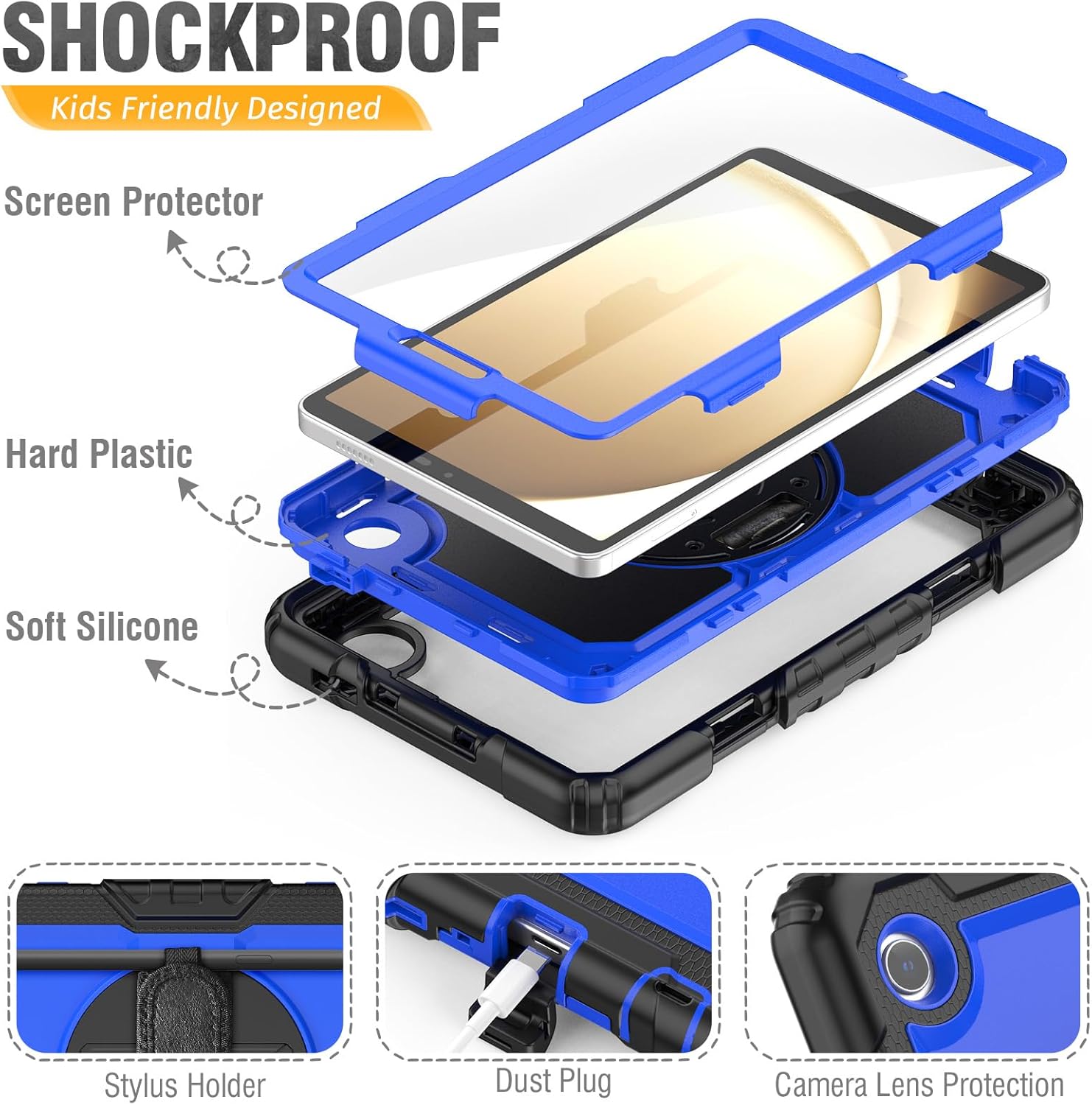 HXCASEAC Samsung Galaxy Tab A9 8.7" Shockproof Case - Stylish Blue Design with Screen Protector, Hand Strap & Pen Holder for SM-X110 SM-X115 SM-X117