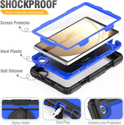 HXCASEAC Samsung Galaxy Tab A9 8.7" Shockproof Case - Stylish Blue Design with Screen Protector, Hand Strap & Pen Holder for SM-X110 SM-X115 SM-X117