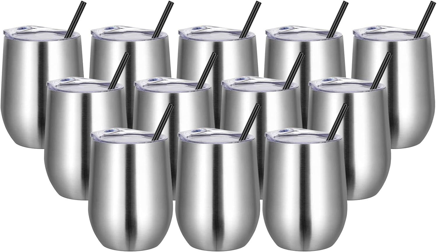 VEGOND 12-Pack Stainless Steel Wine Tumblers - 12oz Double Wall Insulated Cups with Lids & Straws for Hot & Cold Drinks