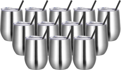 VEGOND 12-Pack Stainless Steel Wine Tumblers - 12oz Double Wall Insulated Cups with Lids & Straws for Hot & Cold Drinks