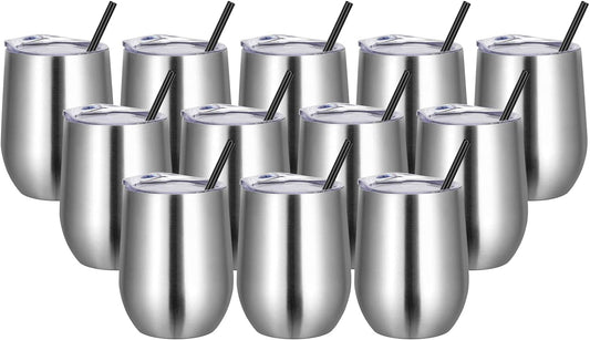 VEGOND 12-Pack Stainless Steel Wine Tumblers - 12oz Double Wall Insulated Cups with Lids & Straws for Hot & Cold Drinks