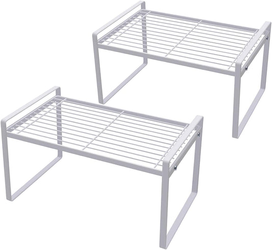 2-Pack Stackable Steel Frame Shelf Organizer - Space-Saving Storage Solution for Kitchen, Bathroom, Office & More - Rust Resistant & Non-Slip White Design