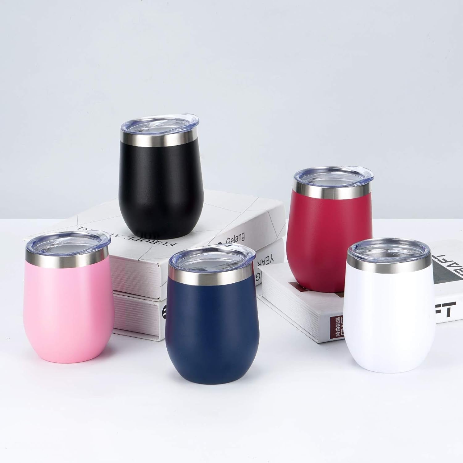 Set of 8 Insulated 12Oz Stainless Steel Wine Tumblers - Double Wall Stemless Cups with Lids for Wine, Coffee, Cocktails & Champagne - Sleek Black Design