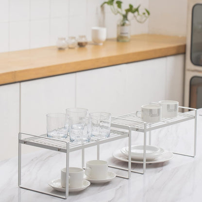 2-Pack Stackable Steel Frame Shelf Organizer - Space-Saving Storage Solution for Kitchen, Bathroom, Office & More - Rust Resistant & Non-Slip White Design