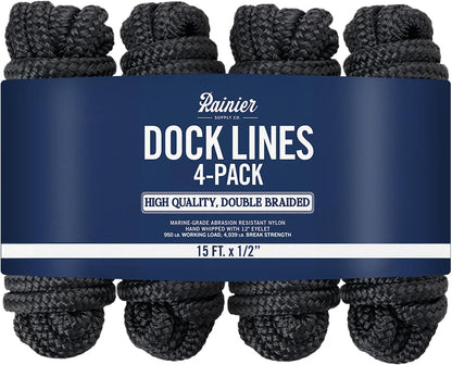 Rainiersupplyco Dock Lines - Boat Rope for Docking with Loop - 30 Ft X 3/4 Inch Premium Double Braided Nylon Marine Rope - Mooring Line with 18" Eyelet - Boat Accessories - Navy Blue