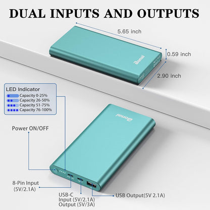 BONAI 12,000mAh Fast Charging Portable Power Bank - Dual Input/Output USB-C for iPhone 17/16/15/14/13/12, Galaxy, Android, iPad & More - Mint Color