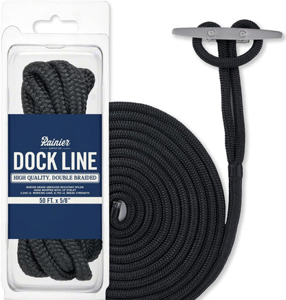 Rainiersupplyco Dock Lines - Boat Rope for Docking with Loop - 30 Ft X 3/4 Inch Premium Double Braided Nylon Marine Rope - Mooring Line with 18" Eyelet - Boat Accessories - Navy Blue