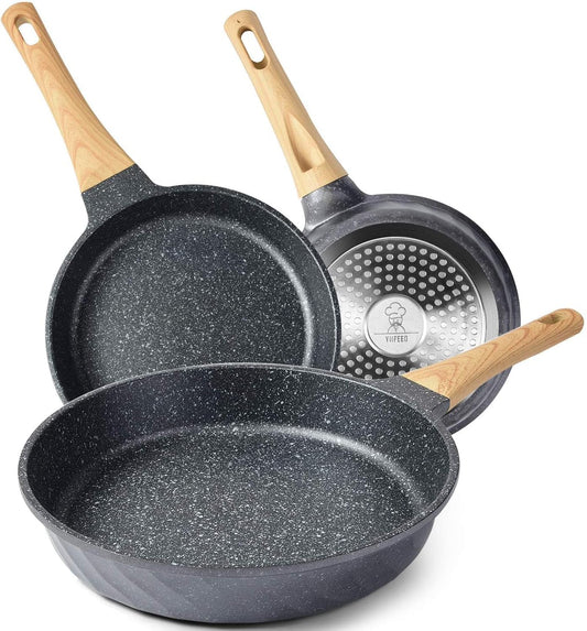 Nonstick Induction Frying Pan Set - Granite Skillet Cookware with Heat-Resistant Handle - Perfect Christmas Gift for Women (8", 9.5", & 11")