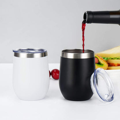 Set of 8 Insulated 12Oz Stainless Steel Wine Tumblers - Double Wall Stemless Cups with Lids for Wine, Coffee, Cocktails & Champagne - Sleek Black Design
