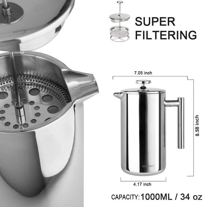 Secura 34Oz French Press Coffee Maker - Premium 304 Stainless Steel Insulated Coffee Press with 2 Extra Screens - Sleek Silver Design