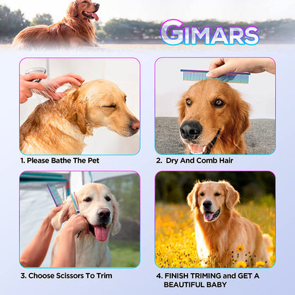 Gimars Professional 4CR Stainless Steel 6 in 1 Grooming Scissors for Dogs with Safety round Tip, Heavy Duty Titanium Coated Pet Grooming Scissor for Dogs, Cats and Other Animals