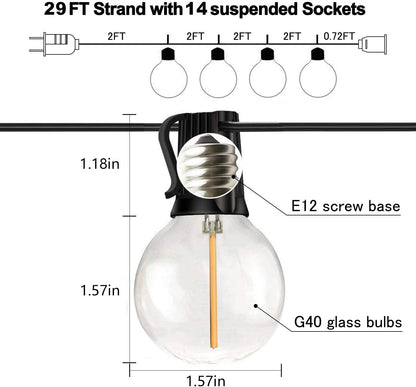 Banord 29FT Shatterproof Globe Outdoor String Lights - 15 Dimmable Waterproof Bulbs for Patio, Porch & Cafe Decor