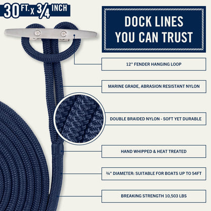 Rainiersupplyco Dock Lines - Boat Rope for Docking with Loop - 30 Ft X 3/4 Inch Premium Double Braided Nylon Marine Rope - Mooring Line with 18" Eyelet - Boat Accessories - Navy Blue
