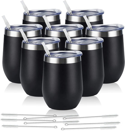 Set of 8 Insulated 12Oz Stainless Steel Wine Tumblers - Double Wall Stemless Cups with Lids for Wine, Coffee, Cocktails & Champagne - Sleek Black Design