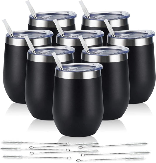 Set of 8 Insulated 12Oz Stainless Steel Wine Tumblers - Double Wall Stemless Cups with Lids for Wine, Coffee, Cocktails & Champagne - Sleek Black Design